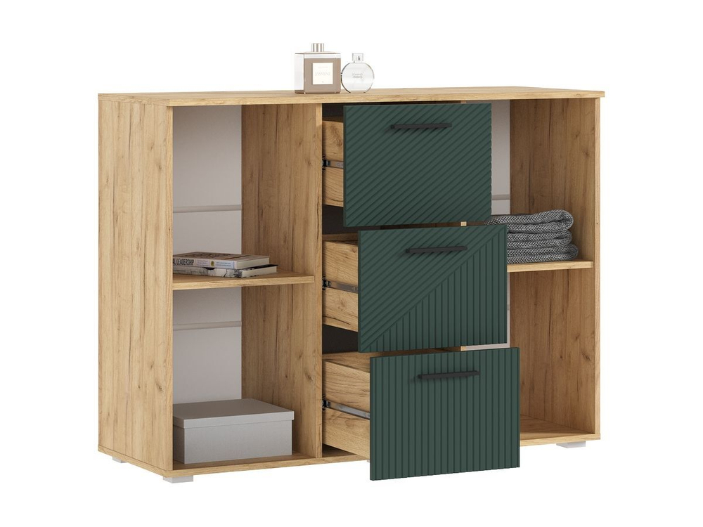 Комод для одежды с ящиками и полками Браш Мени Грин/Дуб Крафт 3 ящика, 120х45х91 см