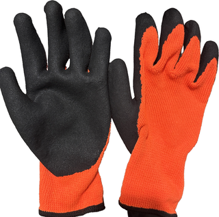 Перчатки 10G оранжевая акриловая подкладка, фланецевая подкладка, покрытие ладони темно-оранжевым песчаным латексом, полное покрытие большого пальца