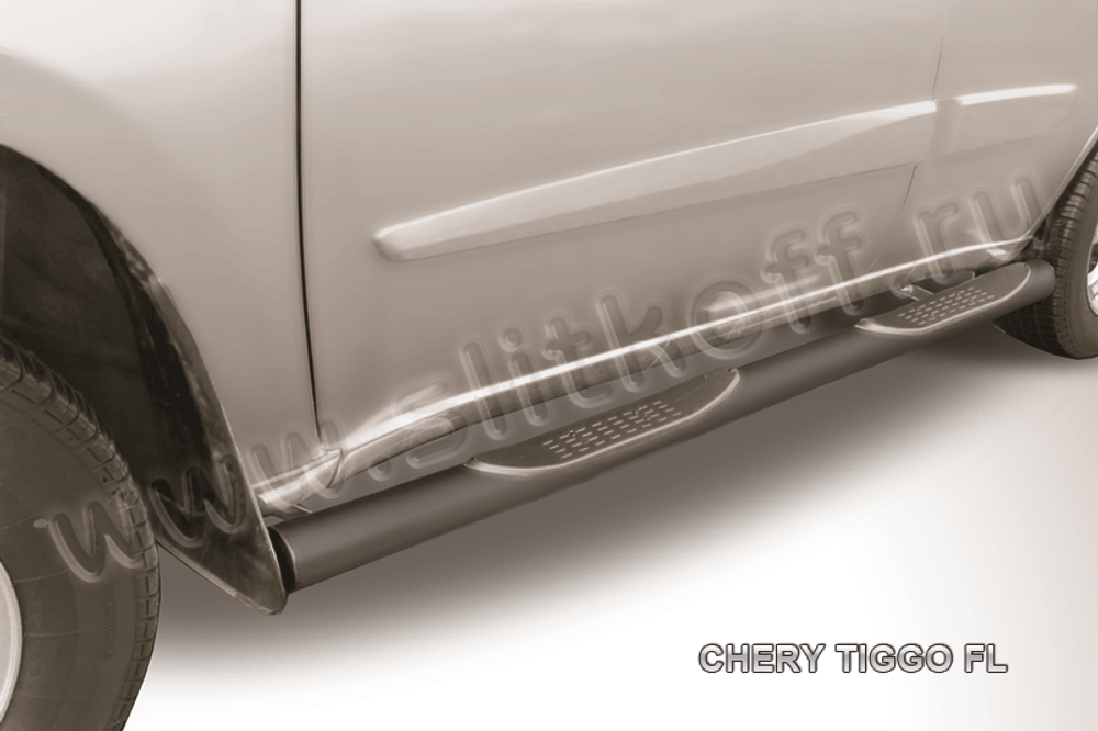 Пороги стальные Chery Tiggo FL (2011-2016) d76 с проступями (серебристые)