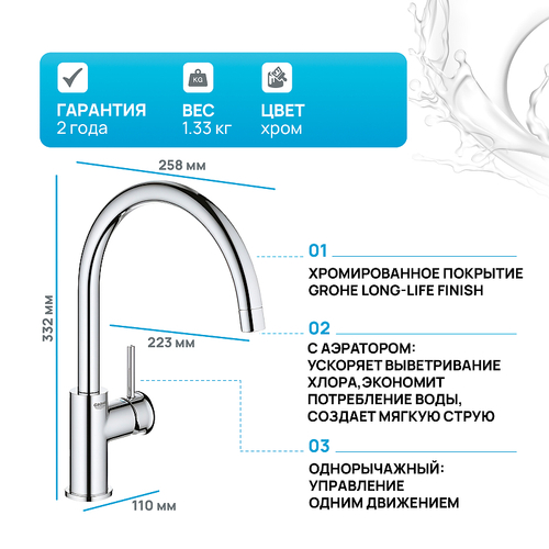 Смеситель для кухни Grohe BauClassic 31234001 Хром