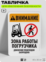 Табличка для обеспечения безопасности "Внимание, зона работы погрузчика", для офиса, по охране труда для предприятия, организаций, 40х30 см, Silver Plane x Айдентика Технолоджи