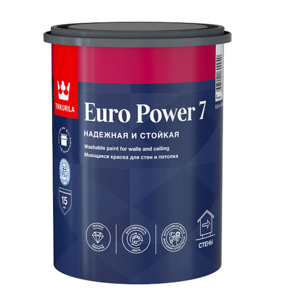 КРАСКА "EURO POWER-7" 0,9 Л (1/6) МОЮЩАЯСЯ ДЛЯ СТЕН И ПОТОЛКОВ "ТИККУРИЛА"