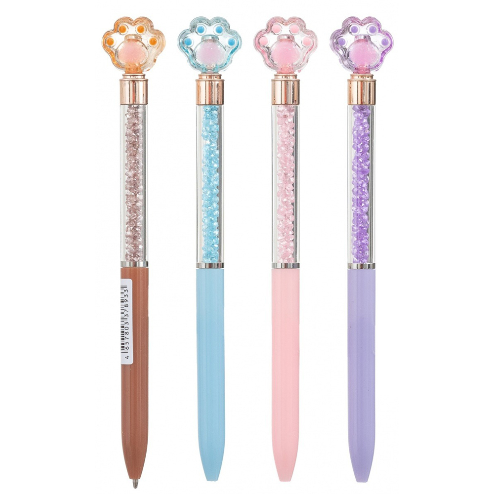 Ручка шариковая, Basir, синие чернила, серия "Лапки", разноцветный корпус с блестками, 24 шт