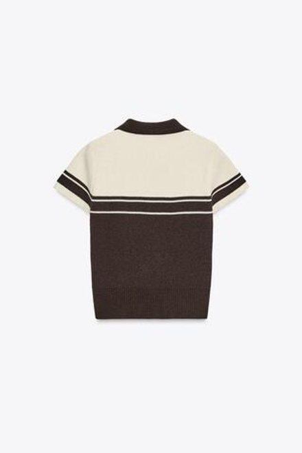ZARA ТРИКОТАЖНЫЙ ТОП-ПОЛО В РУБЧИК, КОРИЧНЕВЫЙ/ЭКРЮ