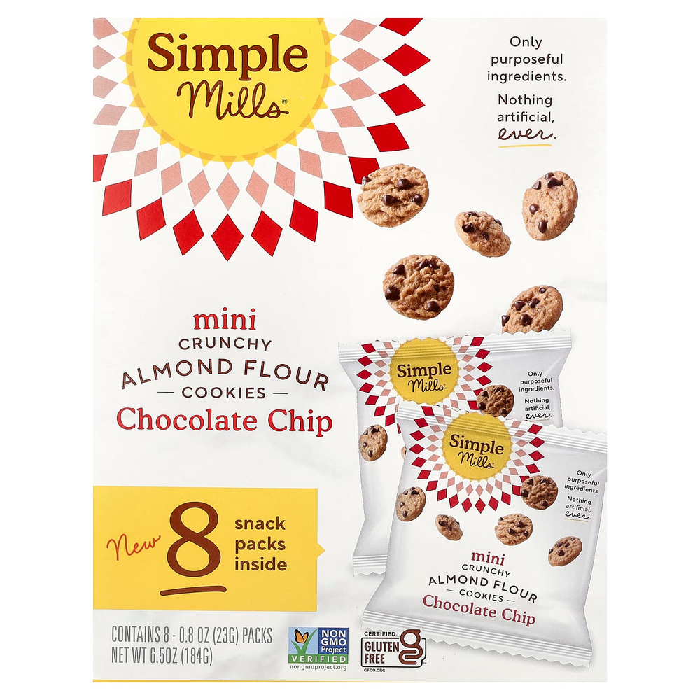 Simple Mills, хрустящее мини-печенье из миндальной муки, с шоколадной крошкой, 8 упаковок по 23 г (0,8 унции)