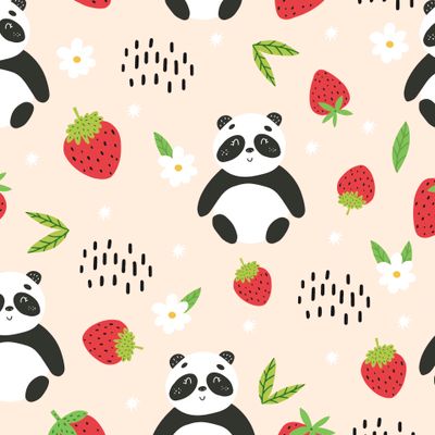 Милая панда, клубника, листья, ягоды