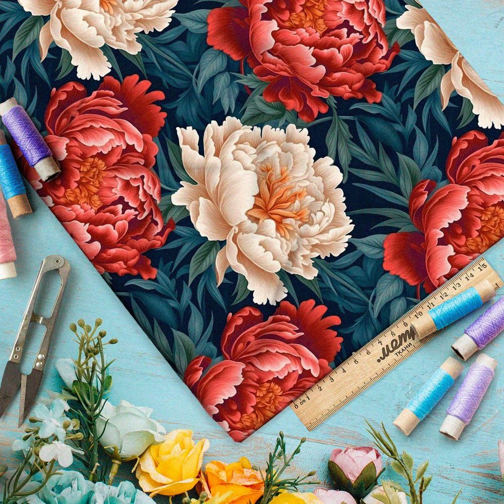 Ткань премиум бифлекс пионы на сероголубых листьях