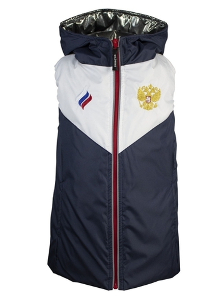 Жилет с капюшоном и вышивкой синий