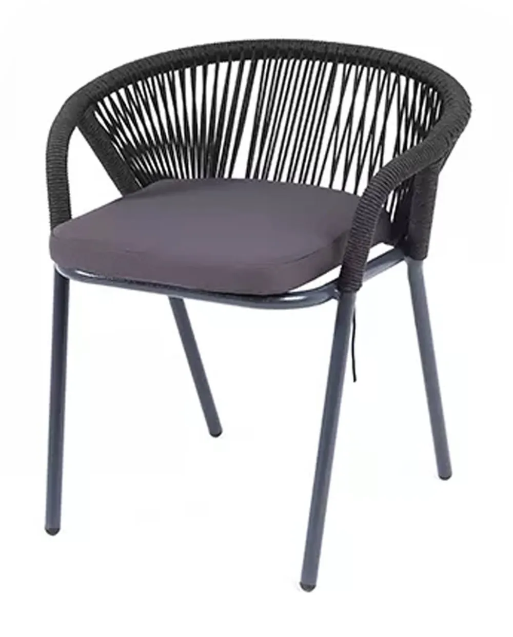 "Женева" стул плетеный из роупа, каркас алюминий темно-серый (RAL7024) муар, роуп темно-серый круглый, ткань темно-серая 019