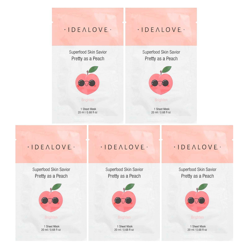 Idealove, Superfood Skin Savior, маска для лица с суперфудами, персик, 5 шт. по 20 мл (0,68 жидк. унции)