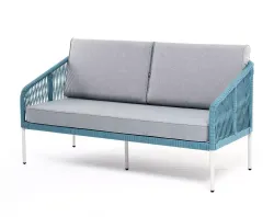 "Канны" диван 2-местный плетеный из роупа, каркас алюминий светло-серый (RAL7035) муар, роуп бирюзовый круглый, ткань светло-серая