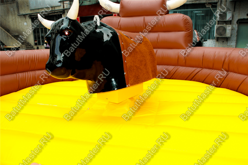 Надувной аттракцион Родео, бык+батут, черный с имитацией под кожу