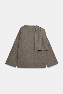 ZARA ТРИКОТАЖНАЯ НАКИДКА С ШАРФОМ, КОРИЧНЕВЫЙ