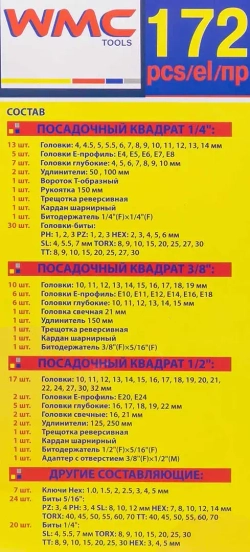 Набор инструментов 171 пр. 1/4'', 3/8'', 1/2''(6гр.) WMC TOOLS WMC-41723-5