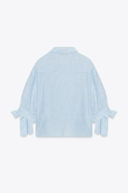 ZARA РУБАШКА В ПОЛОСКУ С ЗАВЯЗКАМИ И ЛЬНОМ, СИНИЙ/БЕЛЫЙ