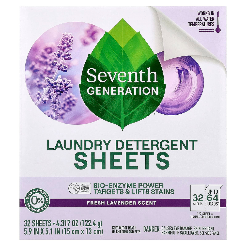 Seventh Generation, салфетки для стирки, свежая лаванда, 32 шт., 122,4 г (4,317 унции)