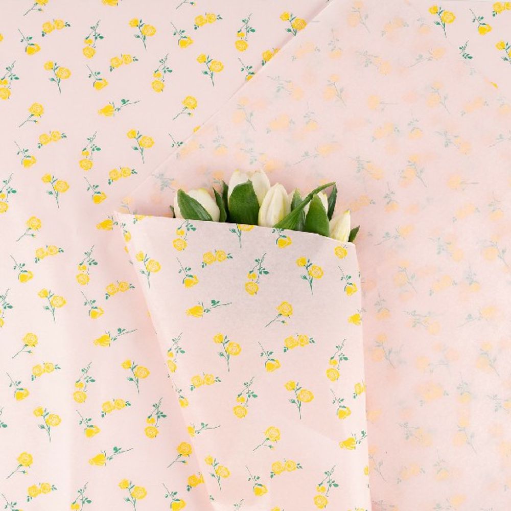 Бумага тишью "Розочки" 50*70см Желтые на розовом (20л)