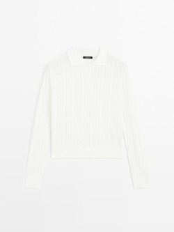 Massimo Dutti Трикотажный свитер из смесового хлопка с воротником поло, натуральный, кремовый