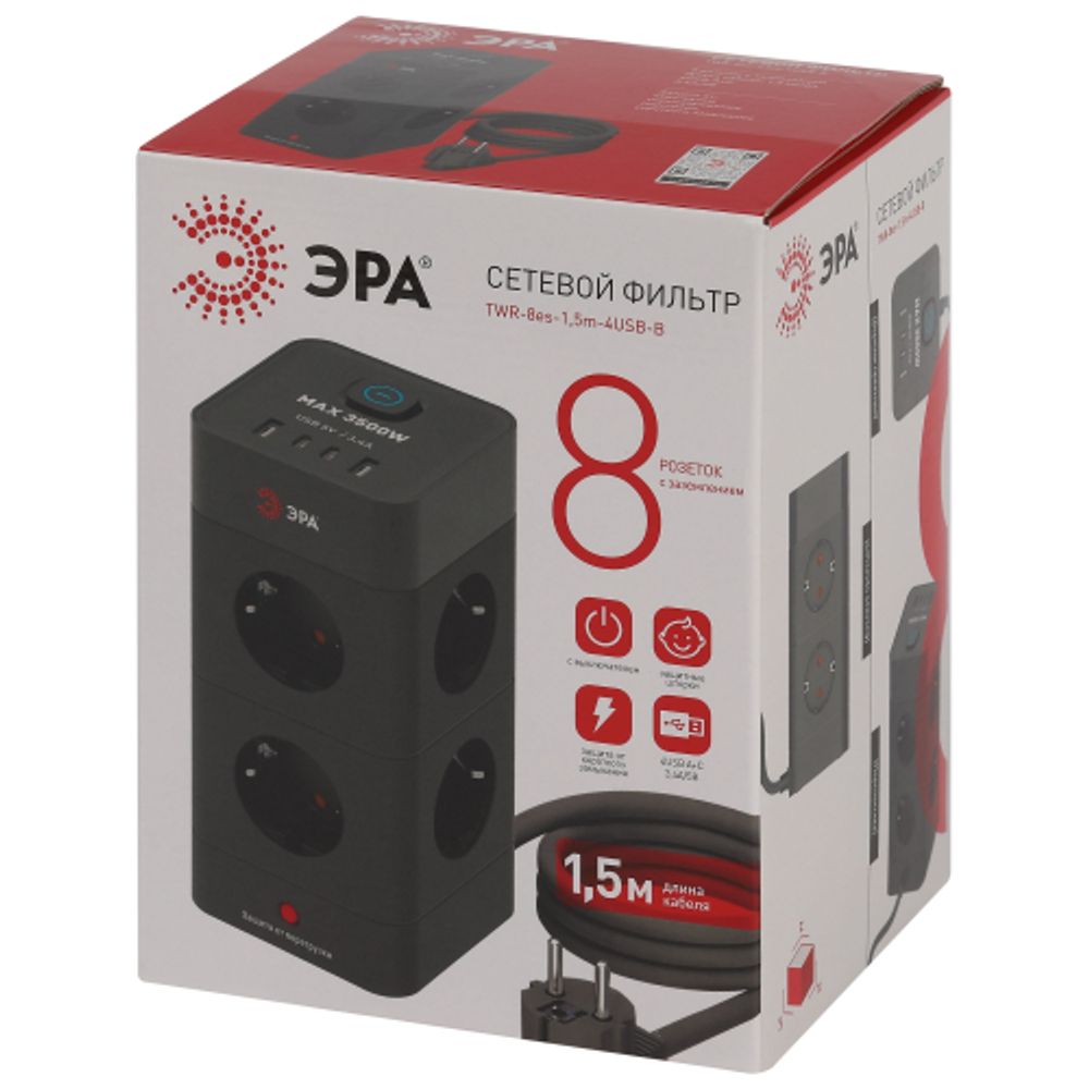 Сетевой фильтр ЭРА TWR-8es-1,5m-4USB-B башня с защитой заземлением с выключателем 8 розеток+4xUSBA+C 1,5м 16А черный | Сетевые фильтры