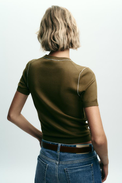 ZARA ТРИКОТАЖНЫЙ ТОП С КОРОТКИМИ РУКАВАМИ И ОТДЕЛКОЙ, ХАКИ