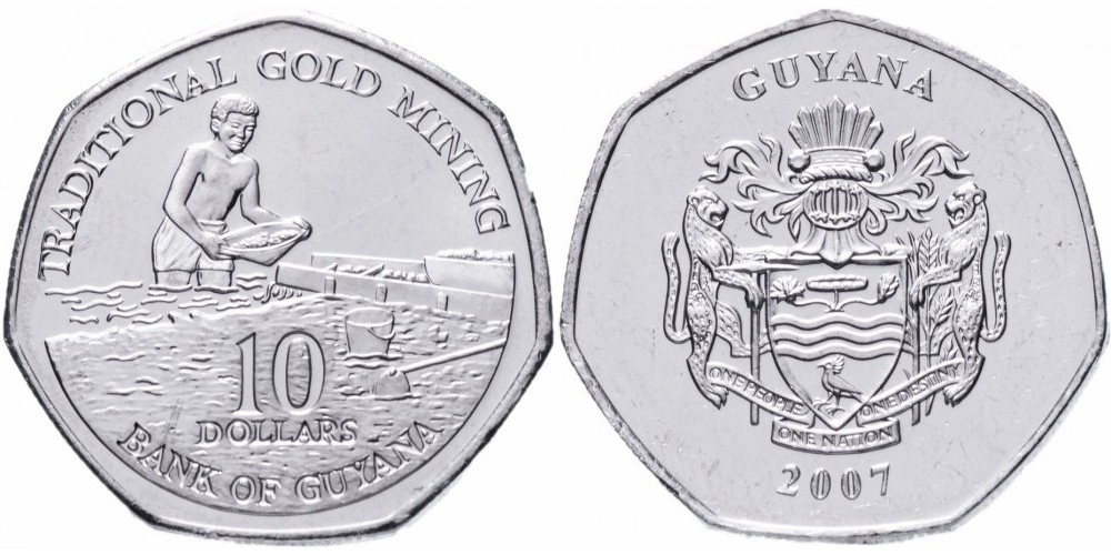 Гайана 10 долларов, 1996 - 2018 Герб XF