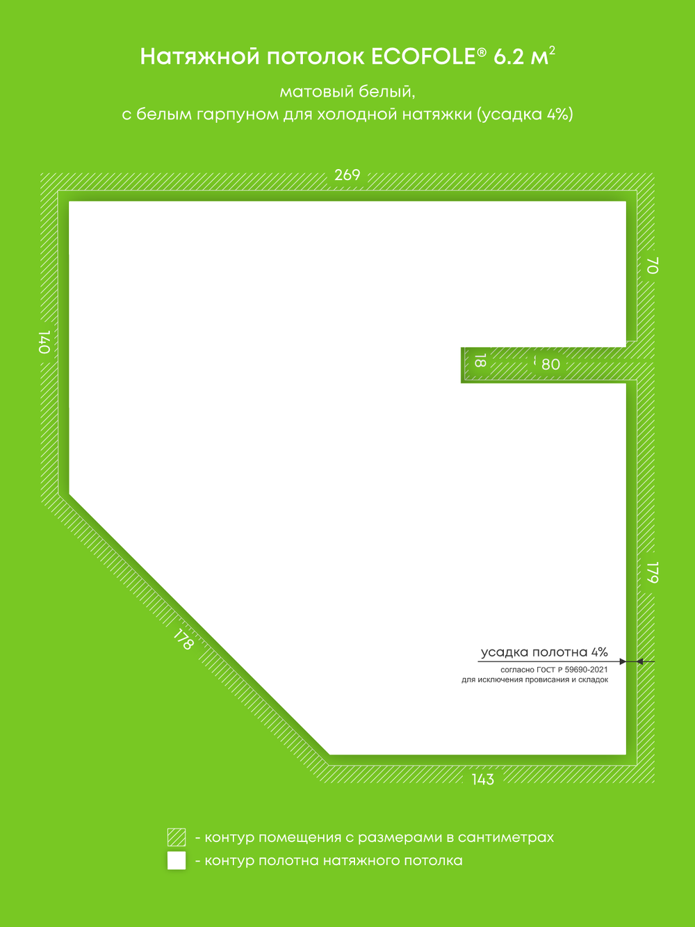 Матовый натяжной потолок 6.2 м2