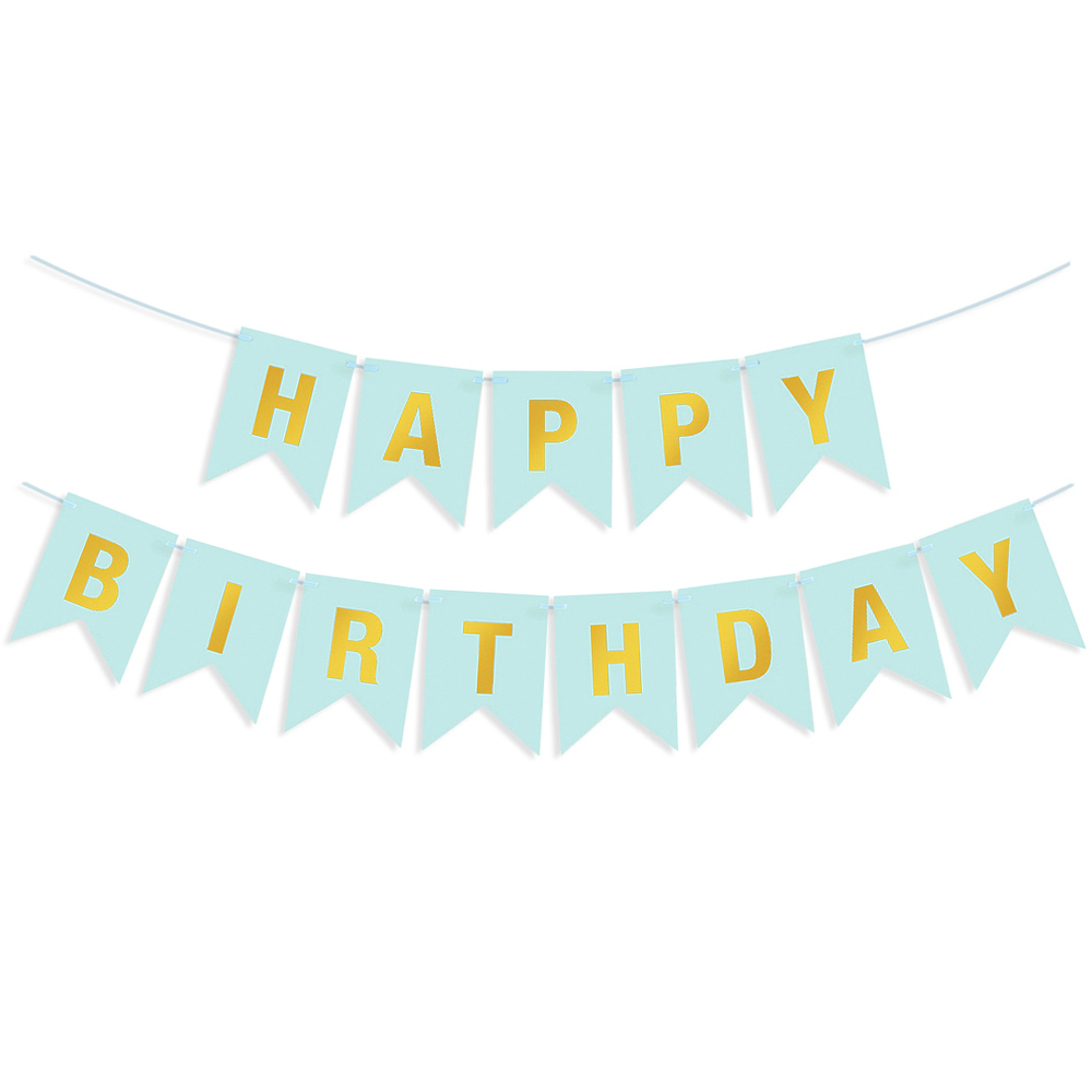 Гирлянда Флажки, Happy Birthday, Голубой/Золото, Металлик, 500 см, 16*12 см
