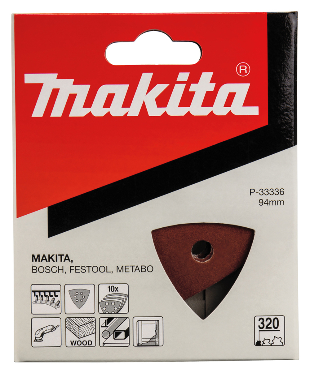 Бумага шлифовальная треугольная на липучке 94 мм, P320, 10 шт. Makita P-33336 94 мм P240 Липучка Дерево / Металл10 шт.