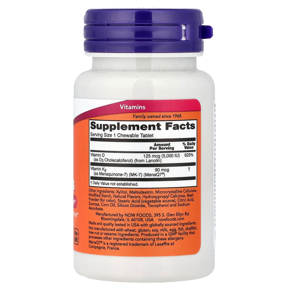 NOW Foods, D3 и K2, жевательные таблетки, 90 жевательных таблеток