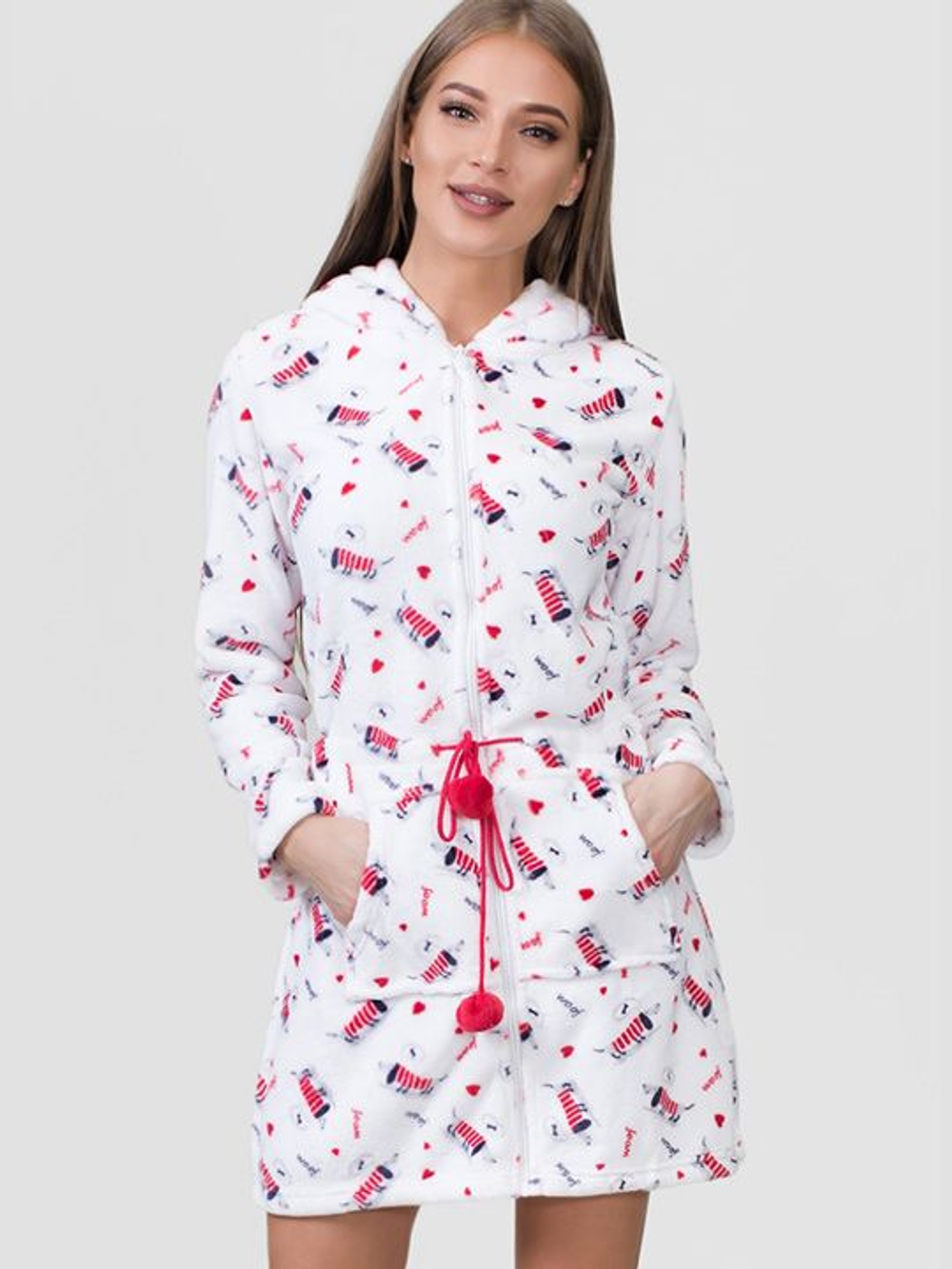 Теплый халат на молнии с таксами (Размер: S) (Цвет: белый)