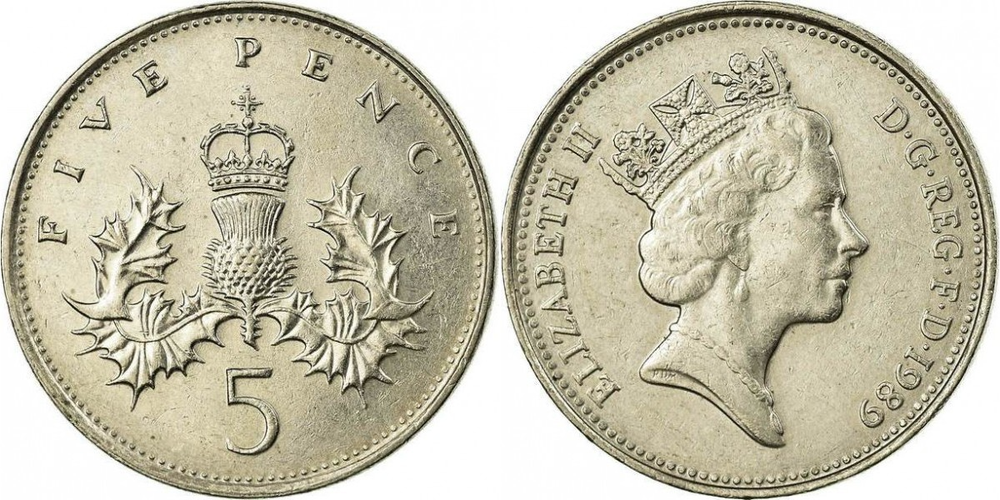 Великобритания 5 пенсов, 1985-1990 Королева Елизавета II XF