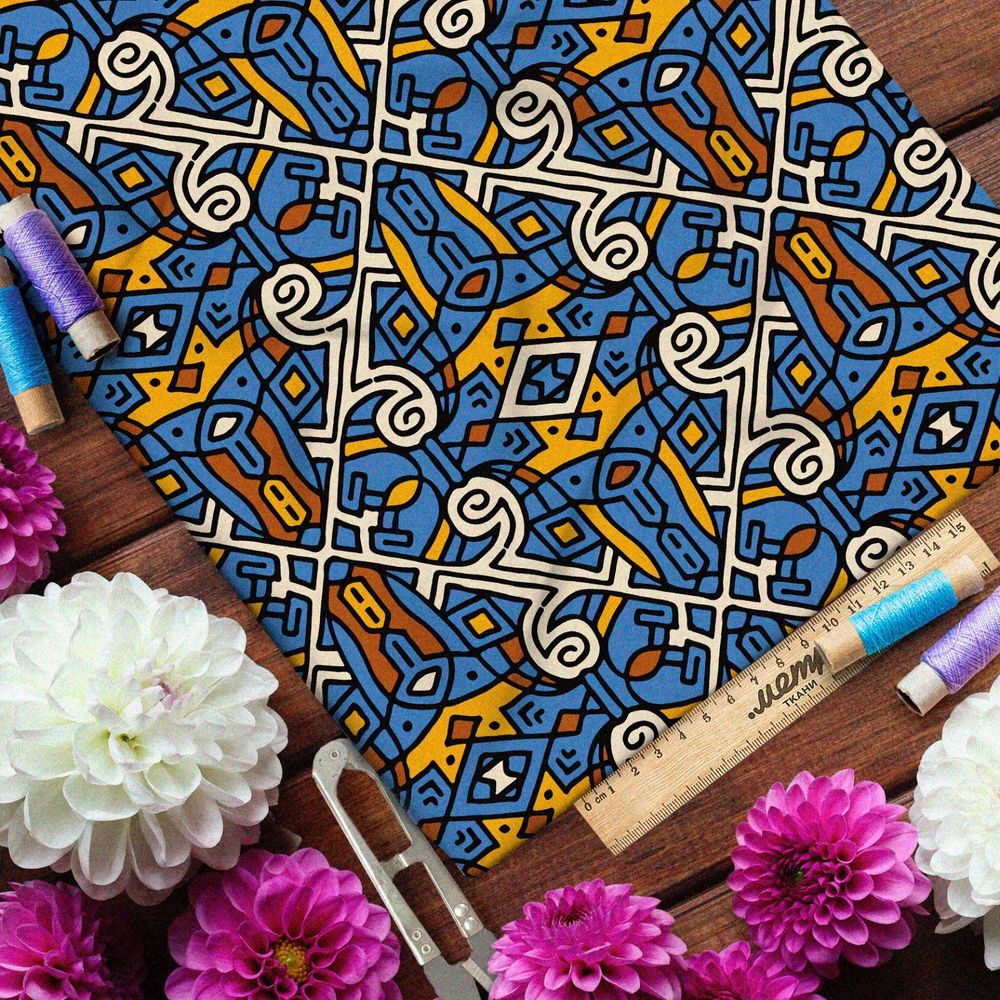 Ткань атлас синий египетский узор