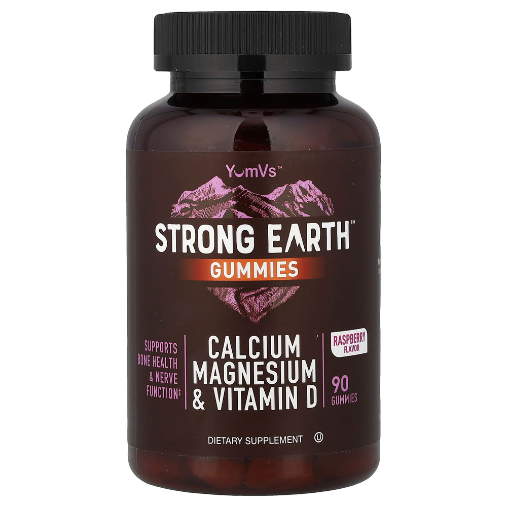 YumVs, Strong Earth, жевательные мармеладки с кальцием, магнием и витамином D, малина, 90 жевательных таблеток
