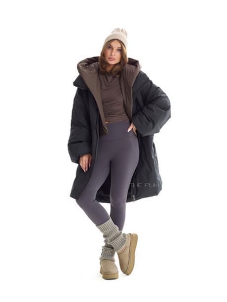 Черно-шоколадный длинный пуховик с капюшоном