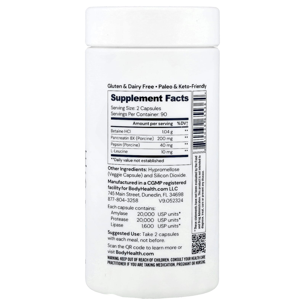BodyHealth, Пищеварительные ферменты с бетаином, панкреатином и пепсином, 180 капсул