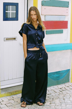 ZARA БРЮКИ WIDE LEG ИЗ АТЛАСНОЙ ТКАНИ, МОРСКОЙ СИНИЙ