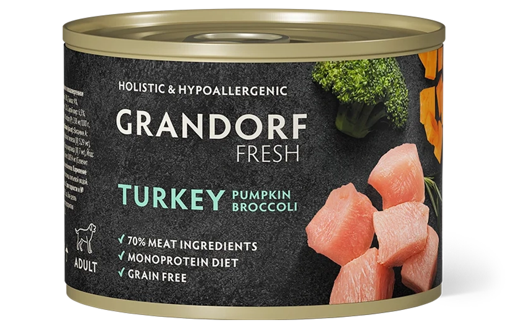 Grandorf Fresh Монопротеиновые консервы из индейки с тыквой и брокколи для собак всех пород