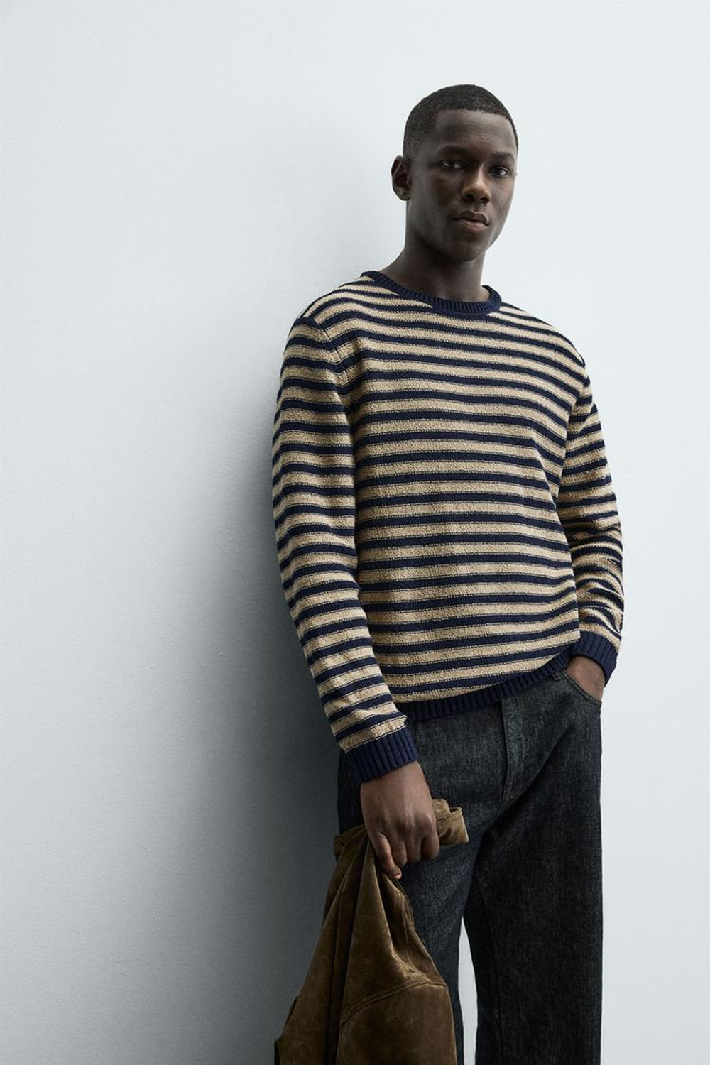 ZARA ЖАККАРДОВЫЙ ДЖЕМПЕР В ПОЛОСКУ, ЭКРЮ/ТЕМНО-СИНИЙ