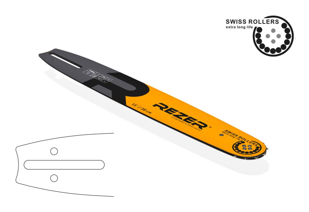 Длина шины, см: 38 (15”) Ширина паза, мм: 1,5 (0,058”) Шаг цепи, мм: 8,25 (0,325”)