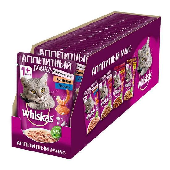 Whiskas пауч Аппетитный микс креветки и лосось в сливочном соусе 85 гр