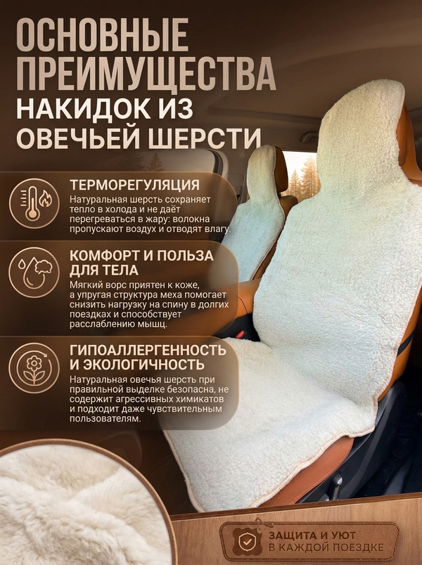 Накидки (2шт) чехлы на сиденье из овечьей шерсти 85%