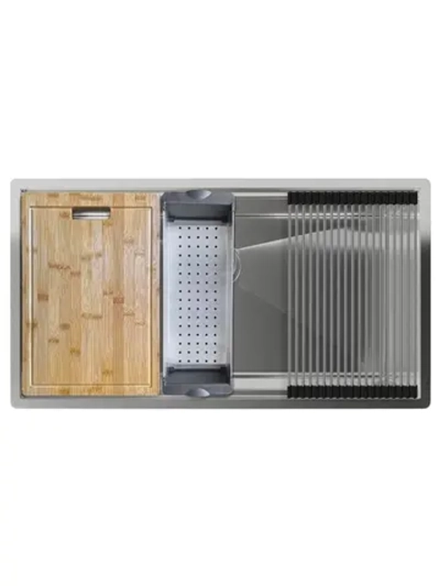Rivelato Rinox 8044 UN Мойка нерж.сталь 1 чаши 800*440*200 в комплекте (доска, коландер, рол мат), монтаж: универсальный, материал: нержавеющая сталь, цвет: нержавеющая сталь