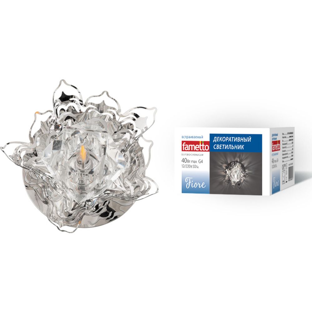 DLS-F128 G4 CHROME/CLEAR Светильник декоративный встраиваемый, серия Fiore. Без лампы, цоколь G4. Металл/стекло. Хром/прозрачный. ТМ Fametto