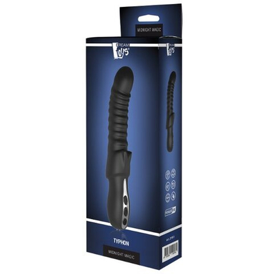 Черный изогнутый вибратор с ребрышками Typhon - 23 см. (Цвет: черный)