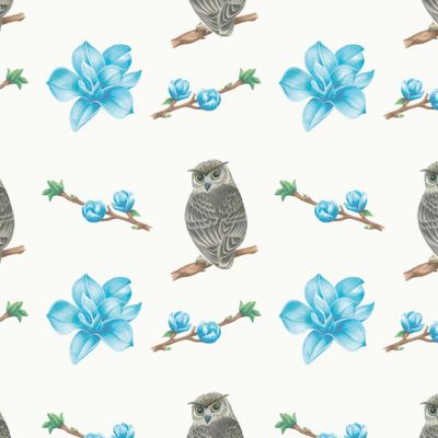 Сова и голубые магнолии на белом фоне