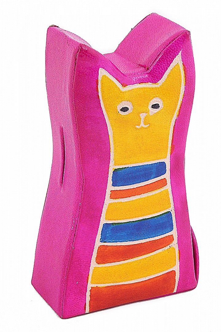 Копилка под мелочь "Кошка" цвет розовый, желтая кошка, натуральная кожа ручной принт