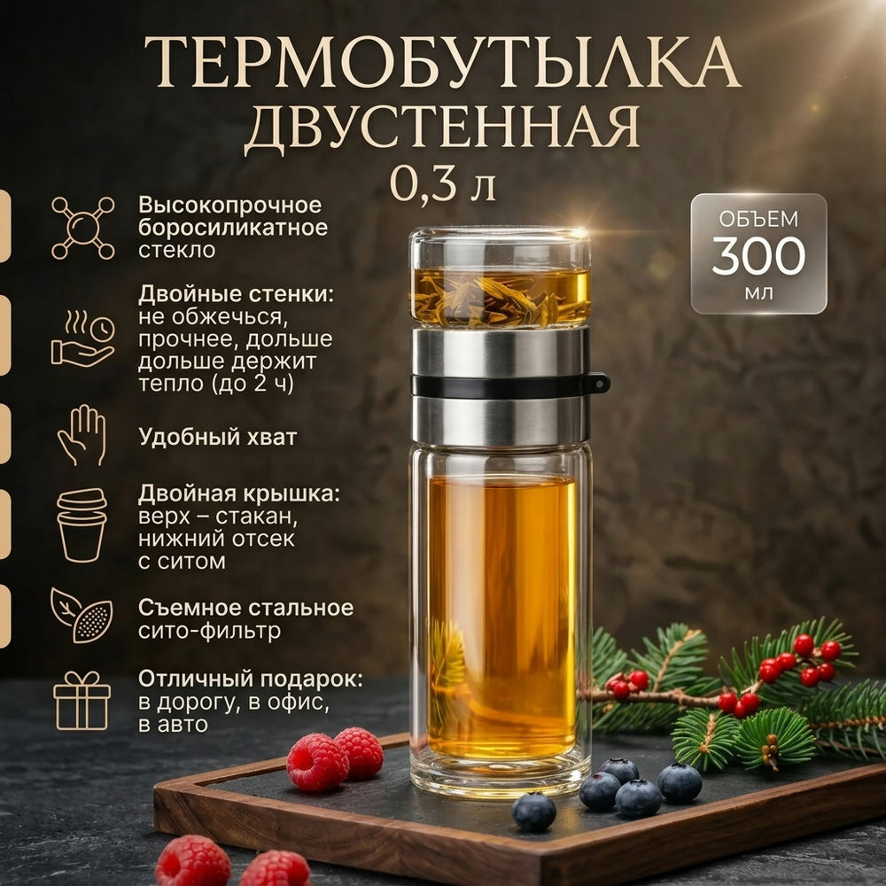 Термобутылка стеклянная с двойными стенками 0,5 л