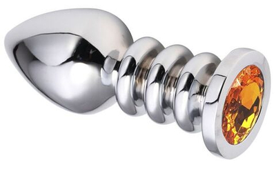 Серебристая анальная пробка на рельефной ножке с оранжевым кристаллом - 9 см. (Цвет: оранжевый)