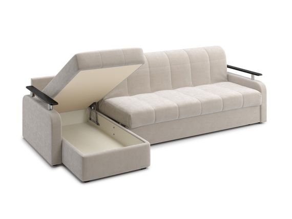 Диван угловой с оттоманкой Денвер 1,4 - Velutto 17 бежевый/ коричневая накладка