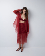 Блуза на пояске из шелковой органзы бордо